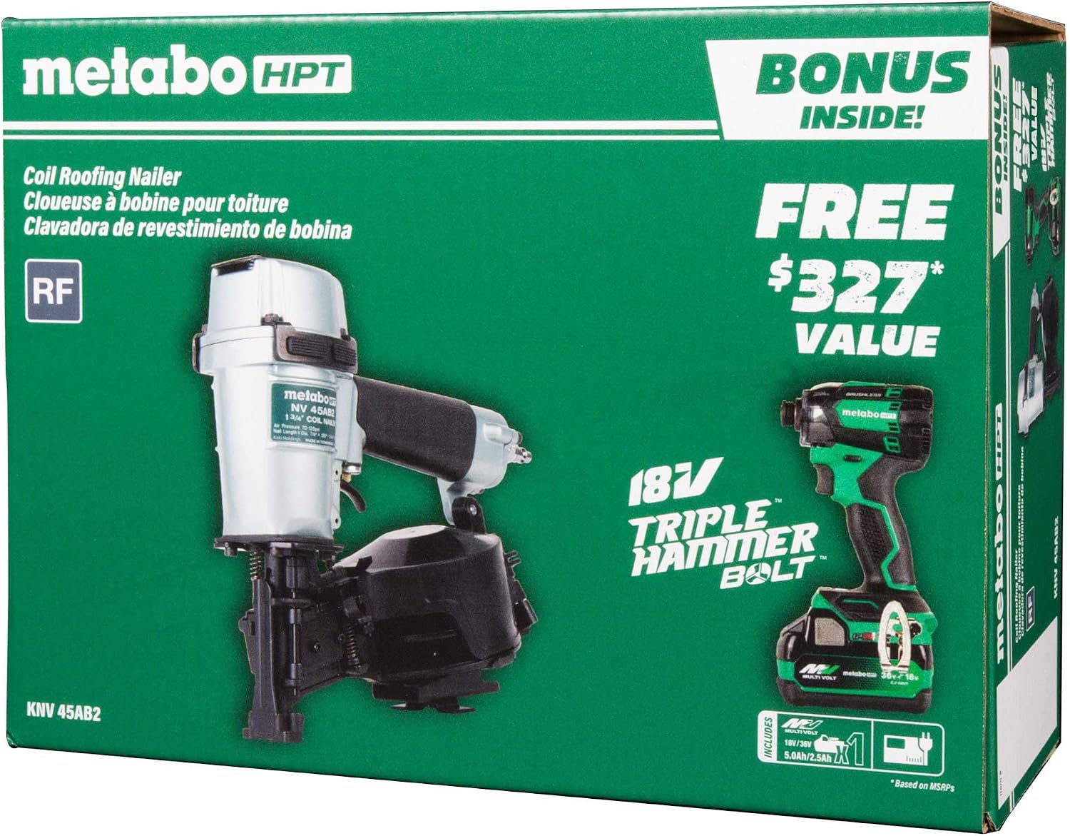 Metabo HPT Pneumatic Roofing Nailer + 18V Impact Driver Pro Bundle Kit, 1-3/4-Inch Coil Roofing Nailer with BONUS 18V Triple Hammer Impact Driver Kit, KNV45AB2