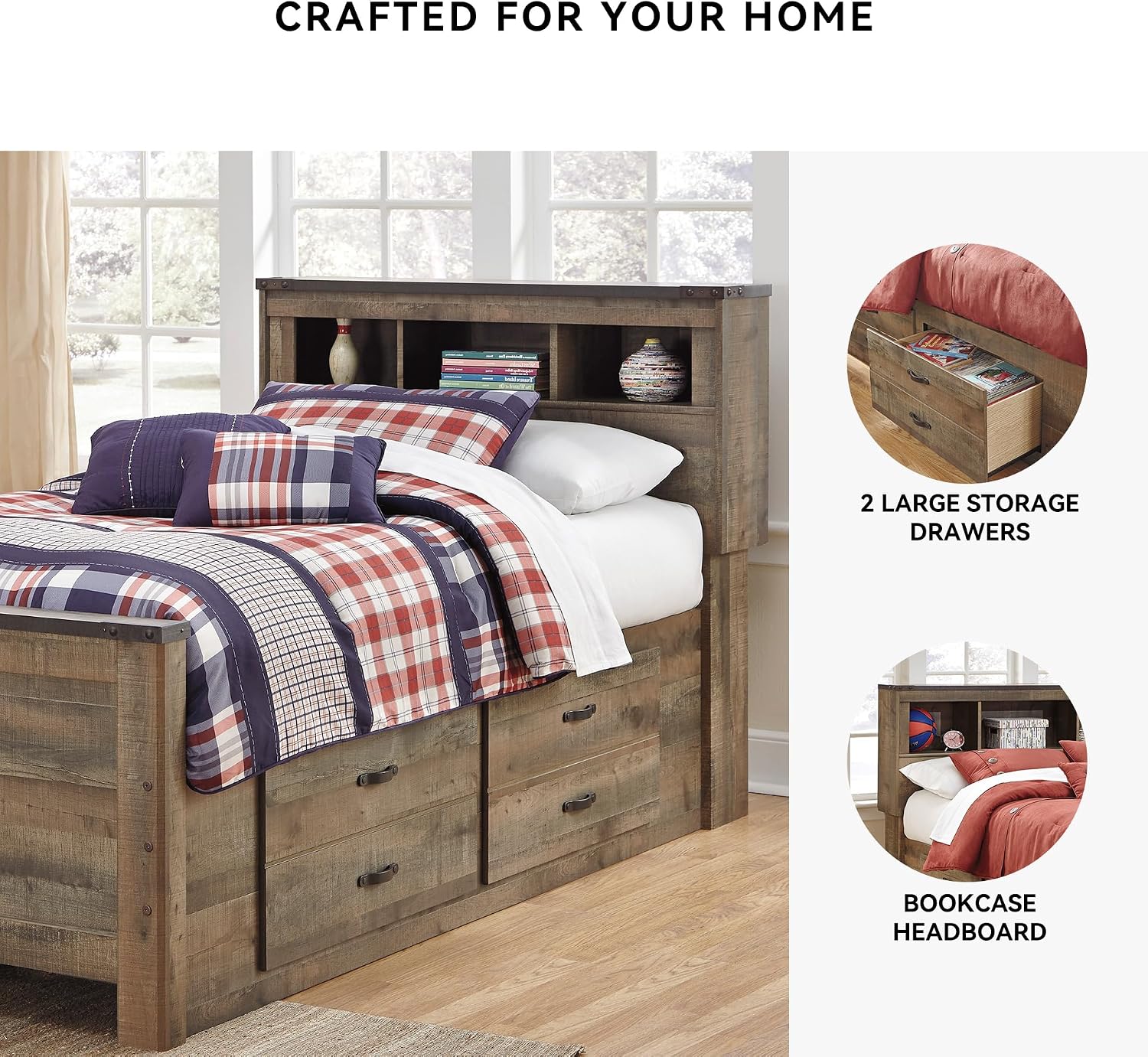 Signature Design by Ashley Trinell Casual Twin Bookcase Platform Bed with 2 Storage Drawers and Nailheads, Foundation or Box Spring Not Needed, Dark Brown