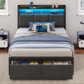 Rolanstar Bed Frame Twin Size with Charging Station and LED Lights, Upholstered Headboard with Storage Shelves, Heavy Duty Metal Slats, No Box Spring Need, Noise Free, Easy Assembly, Dark Grey
