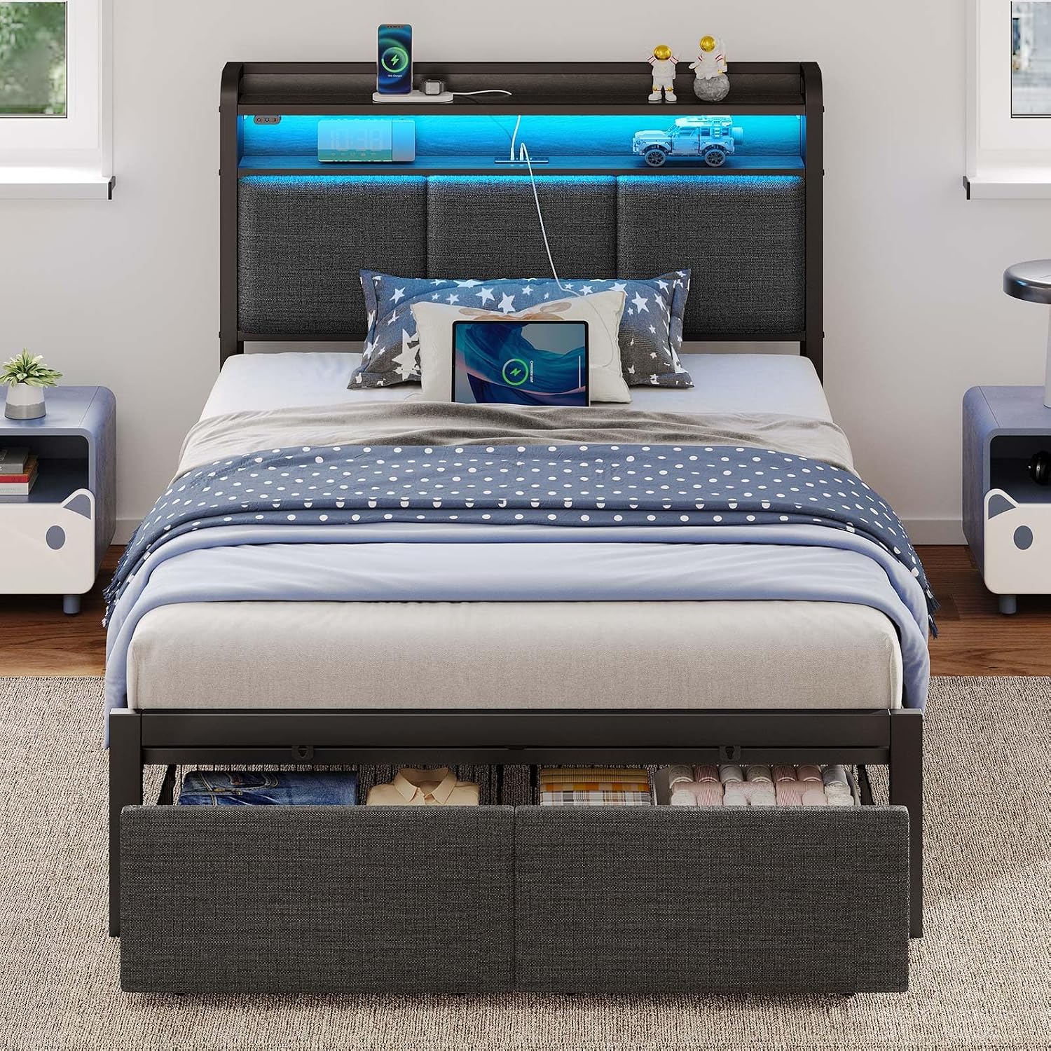 Rolanstar Bed Frame Twin Size with Charging Station and LED Lights, Upholstered Headboard with Storage Shelves, Heavy Duty Metal Slats, No Box Spring Need, Noise Free, Easy Assembly, Dark Grey
