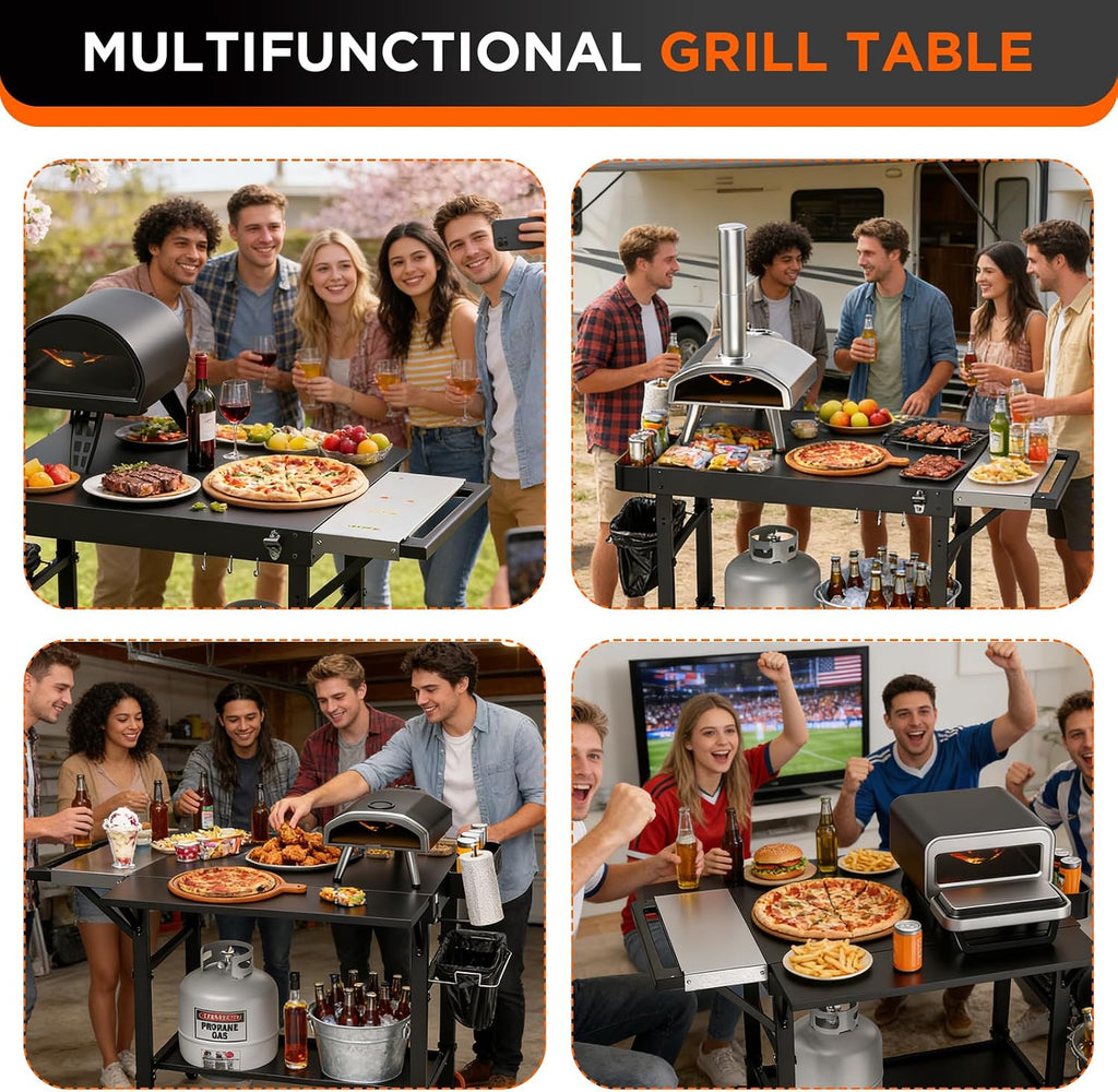 EUTRKei Pizza Oven Table with Topping Station - 45' x 29' Outdoor Grill Cart for Ooni, Ninja, Gozney, Solo Stove, Heavy Duty 450lbs Capacity, Grill Table with Extendable Desk for Tailgating Backyard