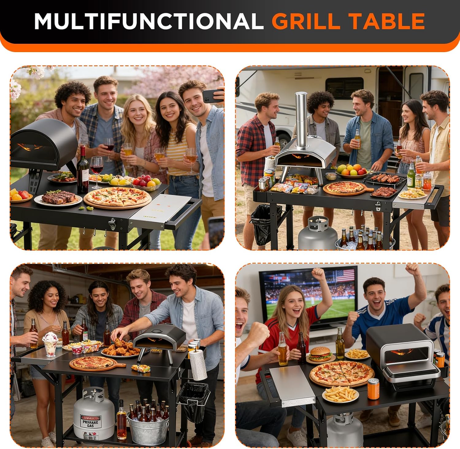 EUTRKei Pizza Oven Table with Topping Station - 45' x 29' Outdoor Grill Cart for Ooni, Ninja, Gozney, Solo Stove, Heavy Duty 450lbs Capacity, Grill Table with Extendable Desk for Tailgating Backyard