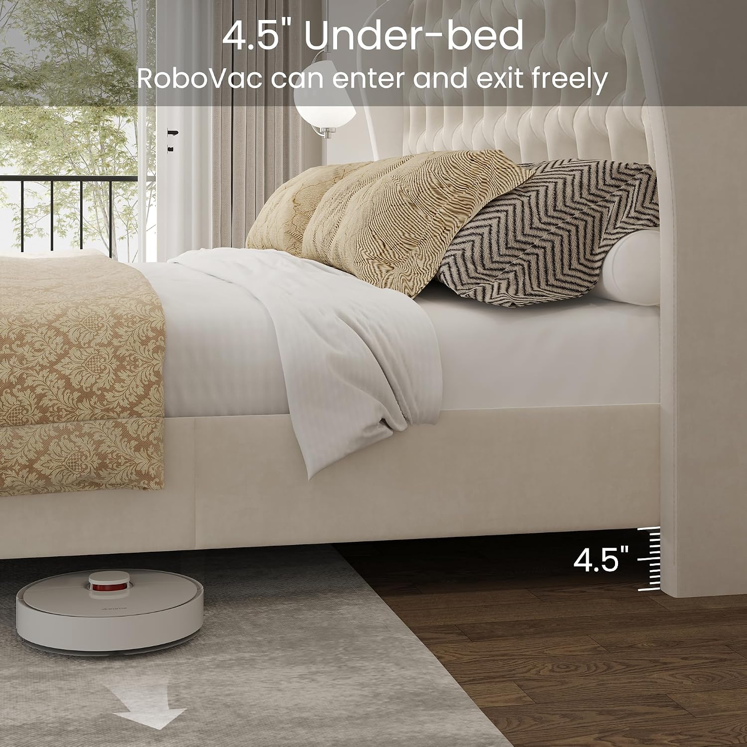 LARMACE Queen Size Bed Frame Velvet Upholstered Platform Bed with Wingback Headboard & Footbaord, Deep Button Tufted Bed Frame with Wood Slats Support, No Box Spring Needed, Beige