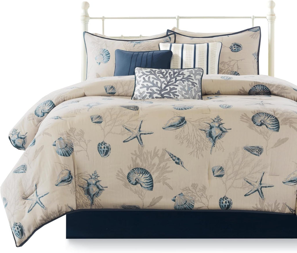 Madison Park 100% Cotton Comforter Set - Coastal Coral, Starfish Design All Season Down Alternative Cozy Bedding with Matching Shams, Decorative Pillow, Queen(90'x90'), Taupe 7 Piece