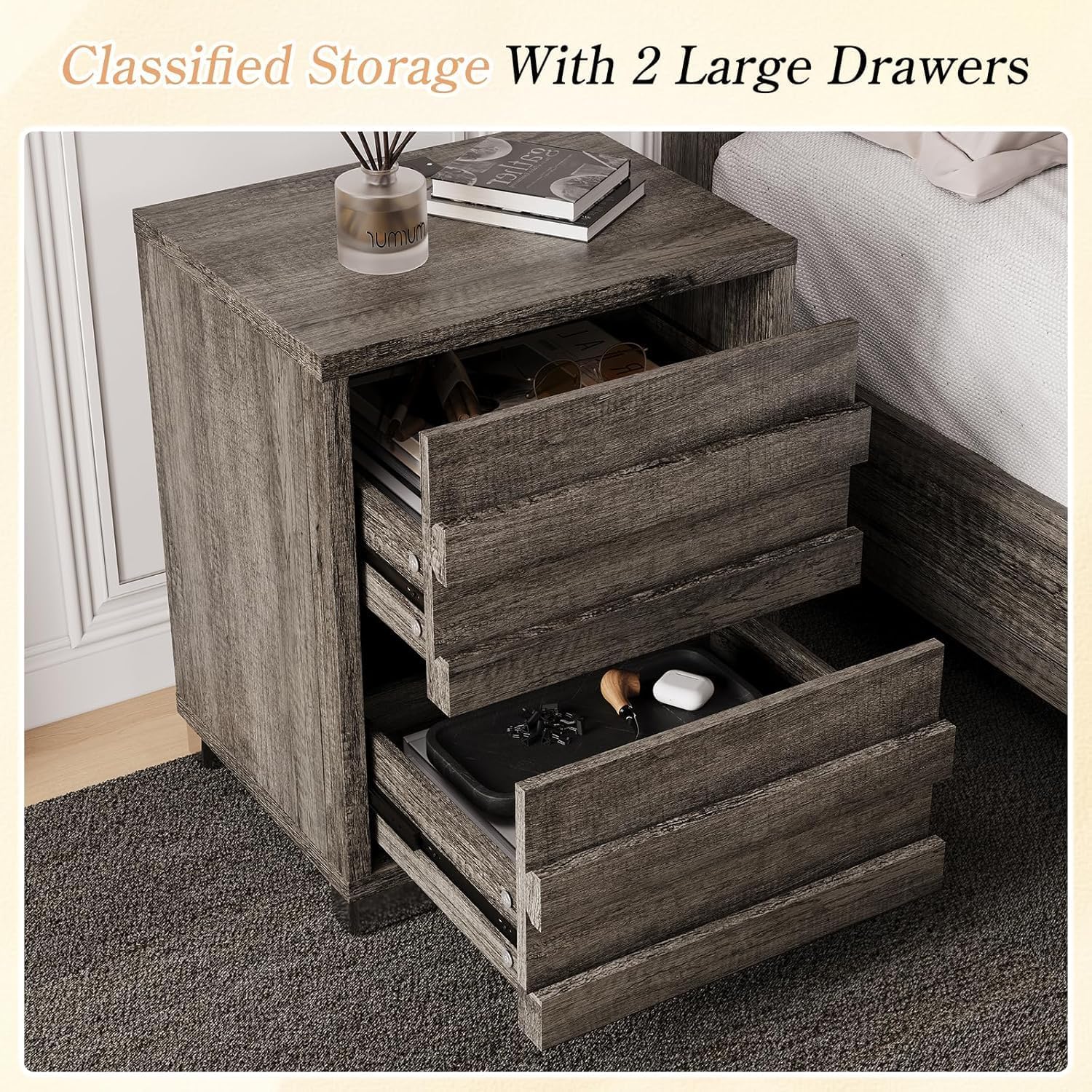 LUXOAK 3 Pcs Bedroom Furniture Sets,Includes Farmhouse Full Size Bed Frame with 49' Tall Headboard and Nightstand Sets of 2 with Charging Station, Slated Handles & Stainless Steel Feet, Rustic Grey