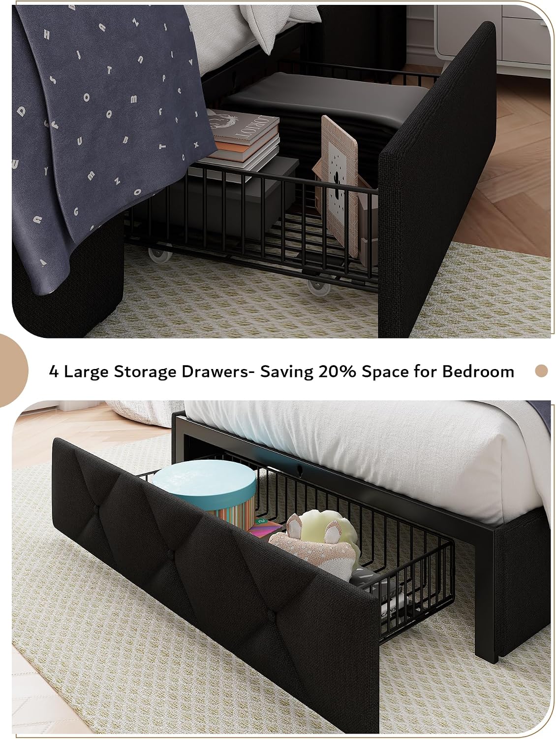 iPormis Twin Bed Frame with 3 Storage Drawers, Upholstered Platform Bed Frame with Charging Station, Modern Wingback Storage Headboard, Easy Assembly, Black