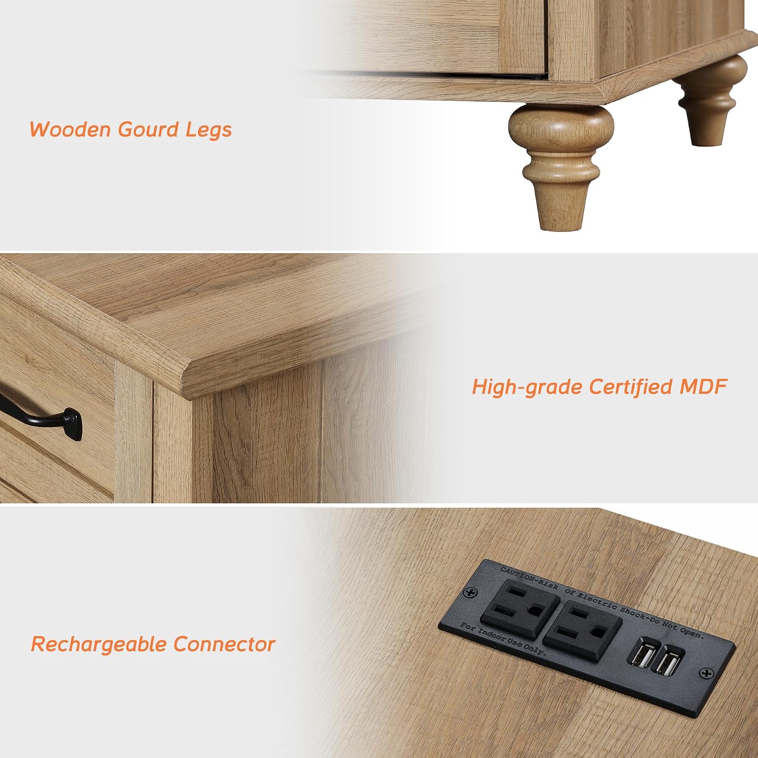 WAMPAT Nightstands with Charging Station Set of 2, 20 Inch Night Stand with 2 Drawers, Wooden Rustic Bedside Table End Tables with Solid Wood Legs for Bedroom, Natural Oak