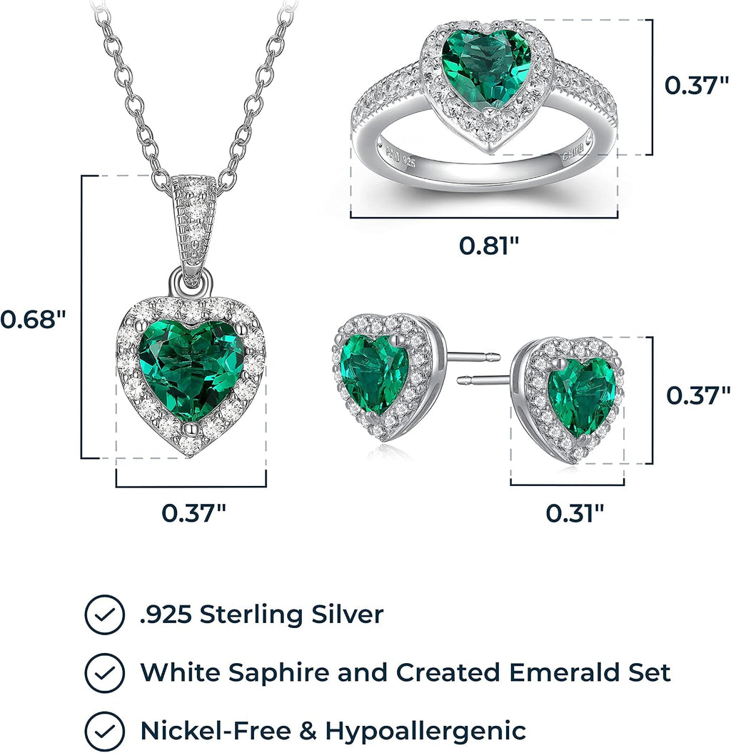 MORGAN & PAIGE .925 Sterling Silver Gemstones and White Sapphire Halo Heart Pendant Necklace, Ring and Stud Earrings for Women Set - Birthstone Jewelry Sets for Women, 18in Cable Chain, Size 7 Ring