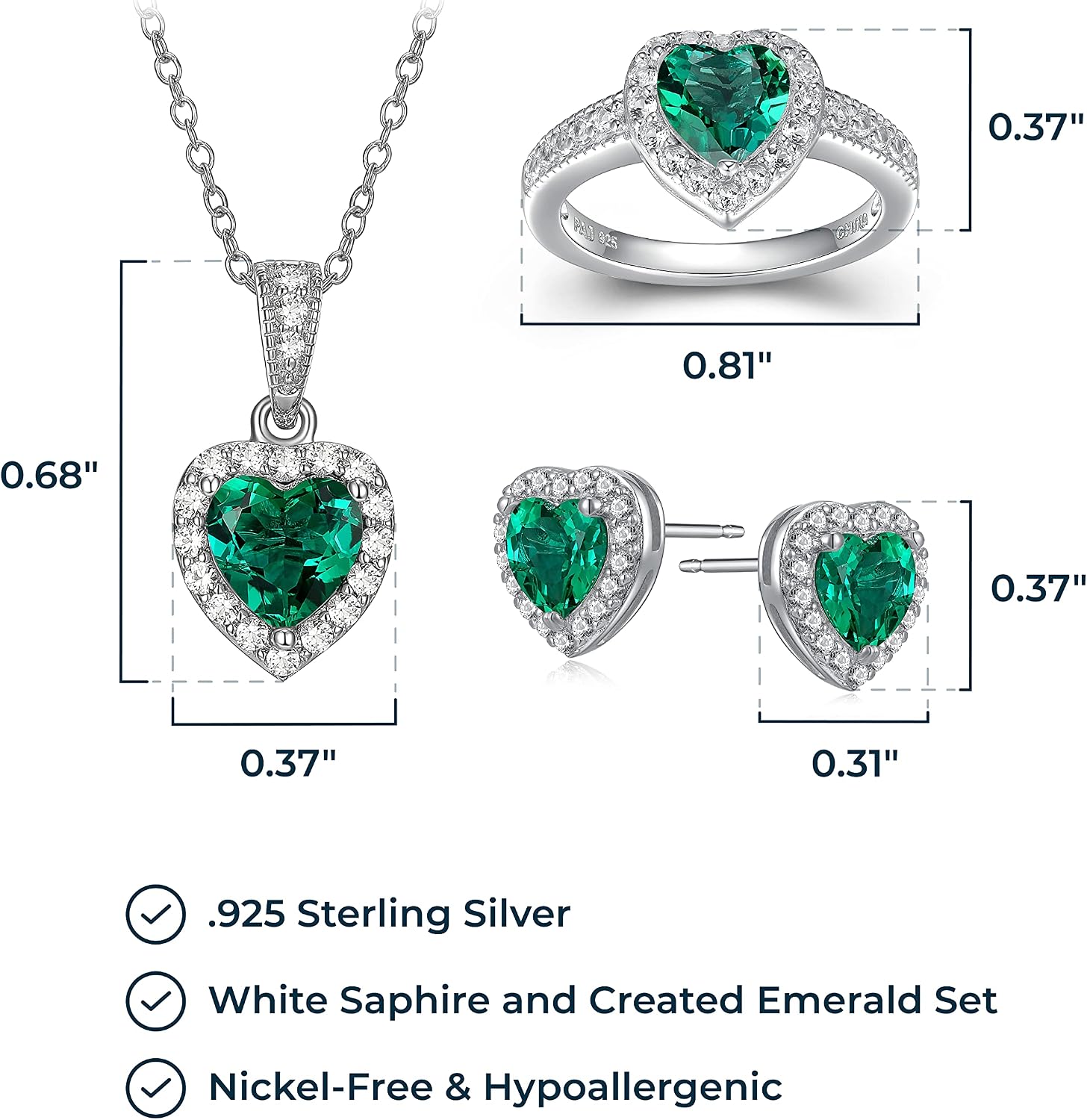 MORGAN & PAIGE .925 Sterling Silver Gemstones and White Sapphire Halo Heart Pendant Necklace, Ring and Stud Earrings for Women Set - Birthstone Jewelry Sets for Women, 18in Cable Chain, Size 7 Ring