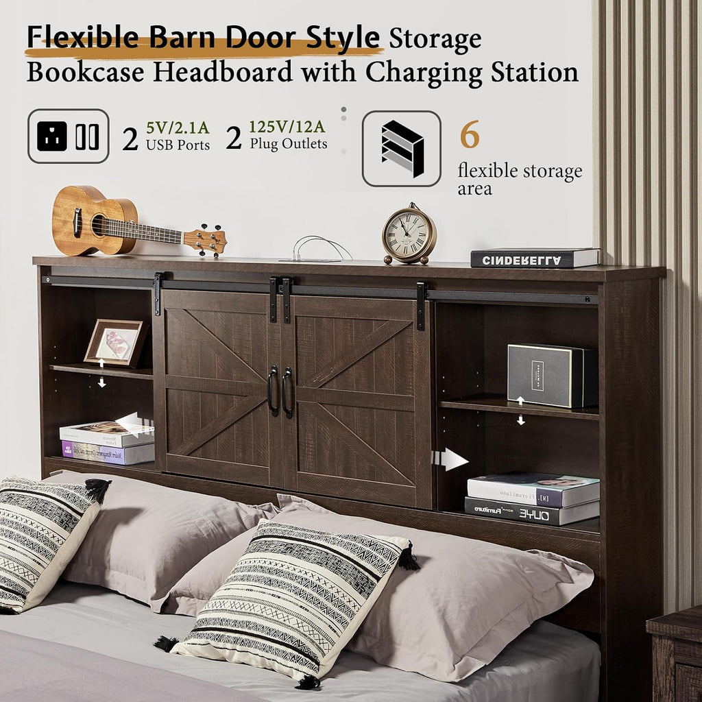 VanAcc Queen Size Bed Frame, Wooden Platform Storage Bed with 51.2' Bookcase Headboard, 2 Drawers, Charging Station/No Box Spring Needed/Noise Free(Brown)
