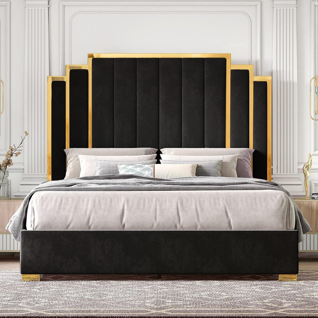 HOWE King Size Bed Frame and 65' Headboard, Upholstered Bed with Golden Plating Trim, Modern Platform Bed No Box Spring Needed, Black