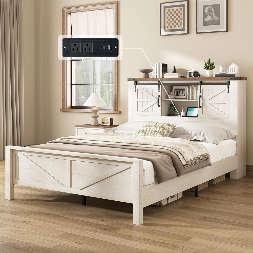 AMERLIFE 4-Piece Farmhouse Bedroom Set in Distressed White, Full Size Bed Frame with Bookcase Headboard, 5-Drawer Tall Dresser, 47'' Dresser with 4 Drawers, 60' Dresser with 4 Drawers