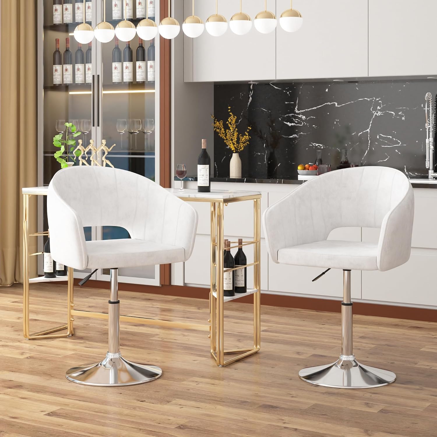 VECELO Velvet Accent Chair Set of 2, Adjustable Luxury Vanity & Dining Chair with Gold Barstool Base, 360°Swivel Upholstered Armchair for Living Room, Bedroom, Home Office, Pearl White