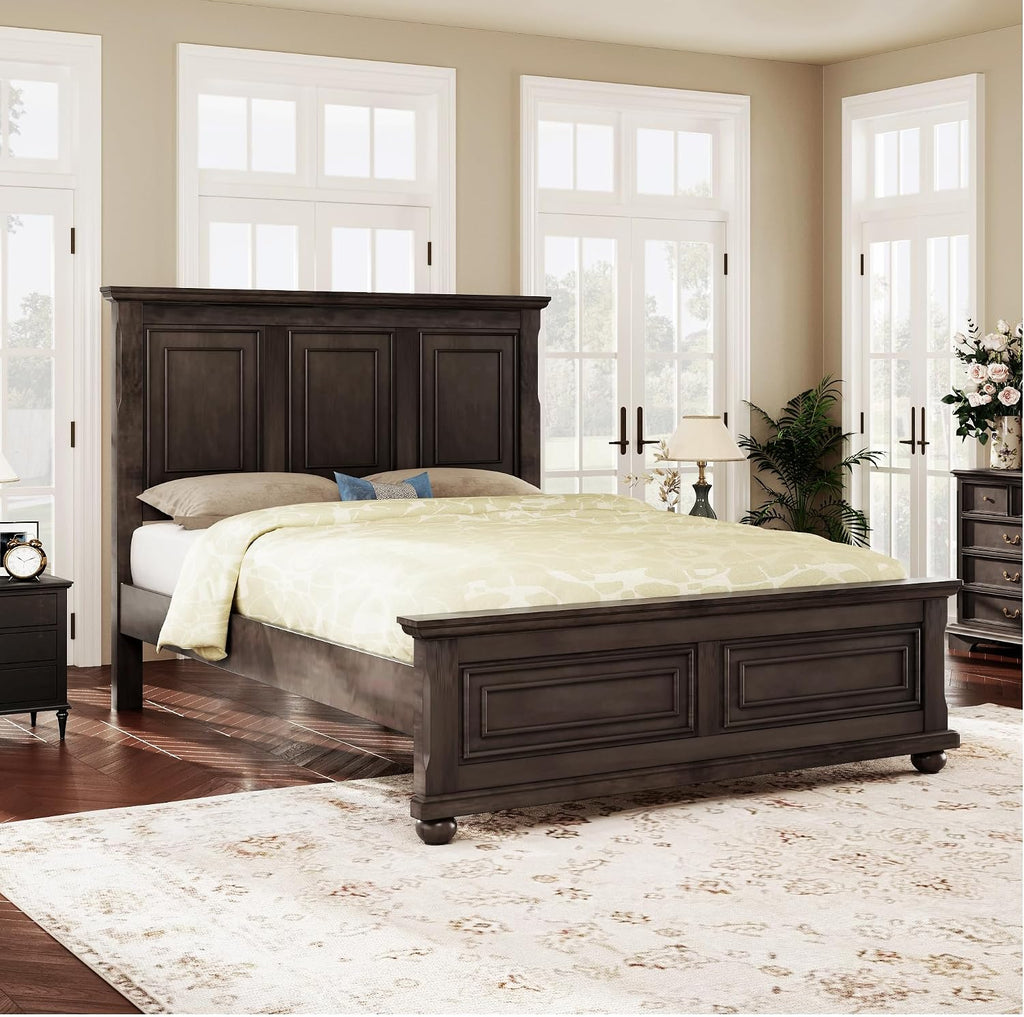 Merax Traditional Town Bed Frames and Country Style Pinewood Vintage King Bed, Rich Brown