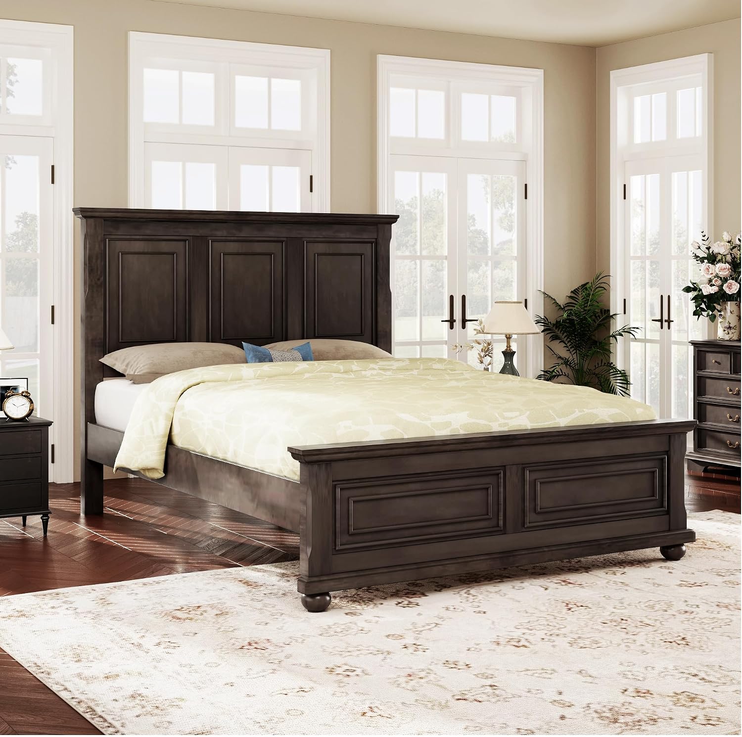 Merax Traditional Town Bed Frames and Country Style Pinewood Vintage King Bed, Rich Brown