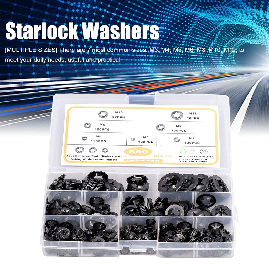 680Pcs Carbon Steel Starlock Washers Kit, M3 to M12 Assortment, Quick Speed Locking, Internal Tooth Design for Secure Fastening, Push Nuts & Retaining Clips Included