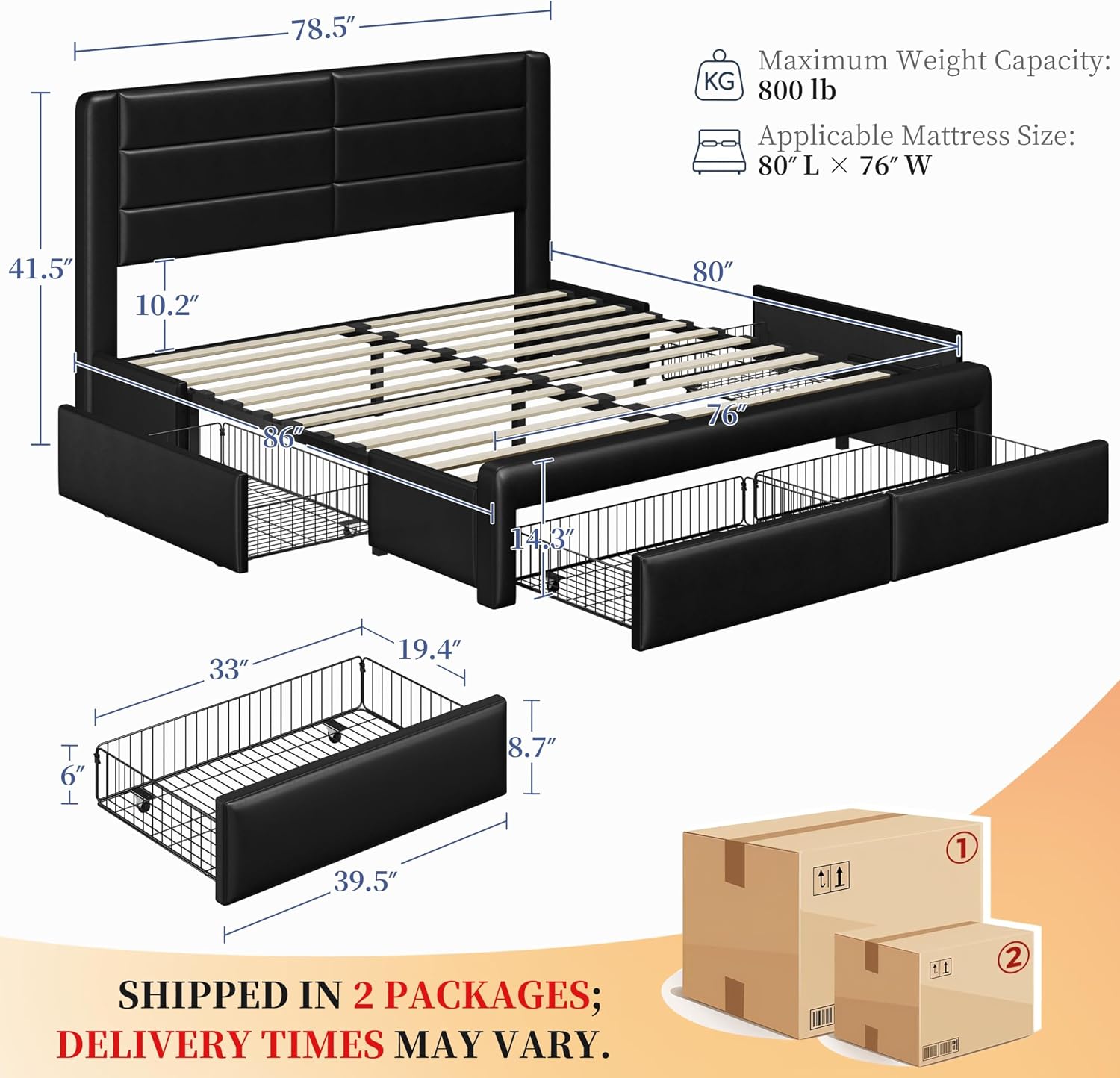 Yaheetech King Size Bed Frame with 2 USB Charging Station/Port for Type A&Type C/4 Storage Drawers, Leather Upholstered Platform Bed with Headboard/Solid Wood Slat Support/No Box Spring Needed/Black
