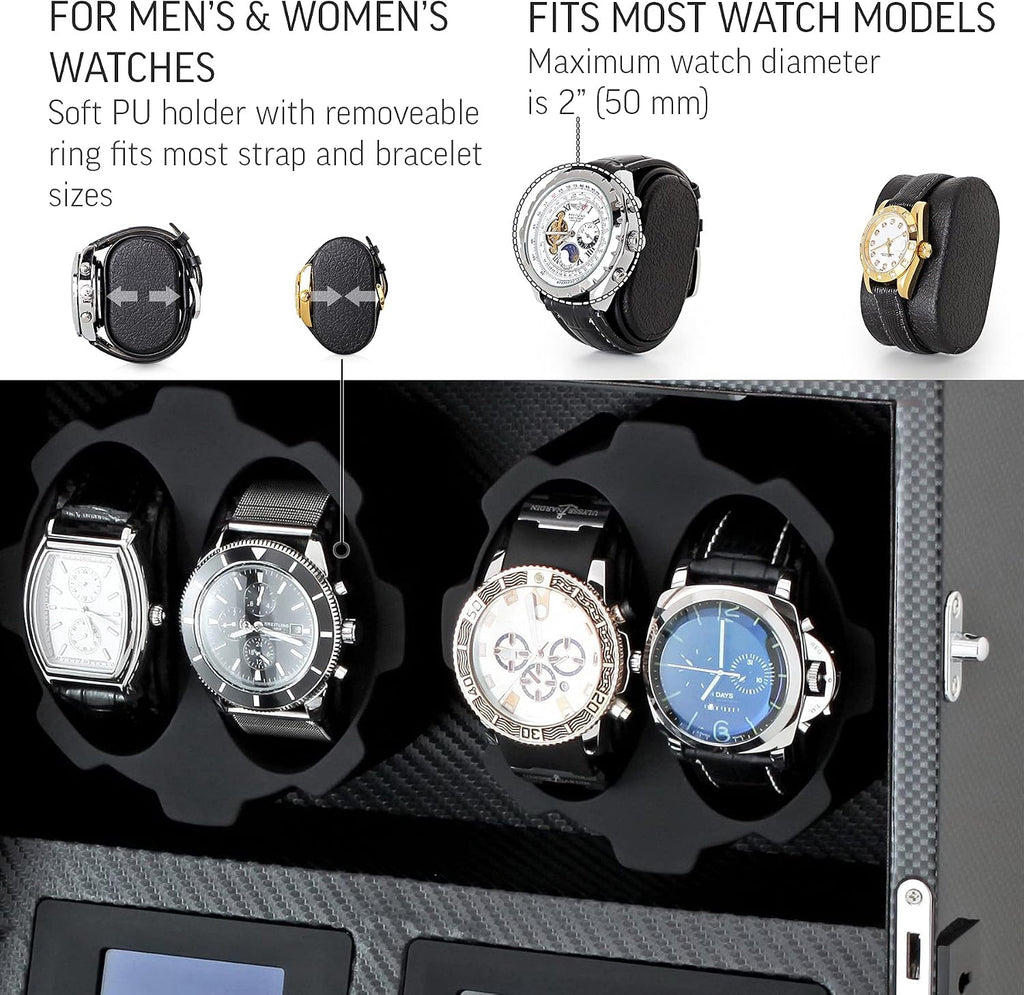 4 Watch Winder with 5 Watch Storage Space, LCD Display, Touch Control and Interior Light