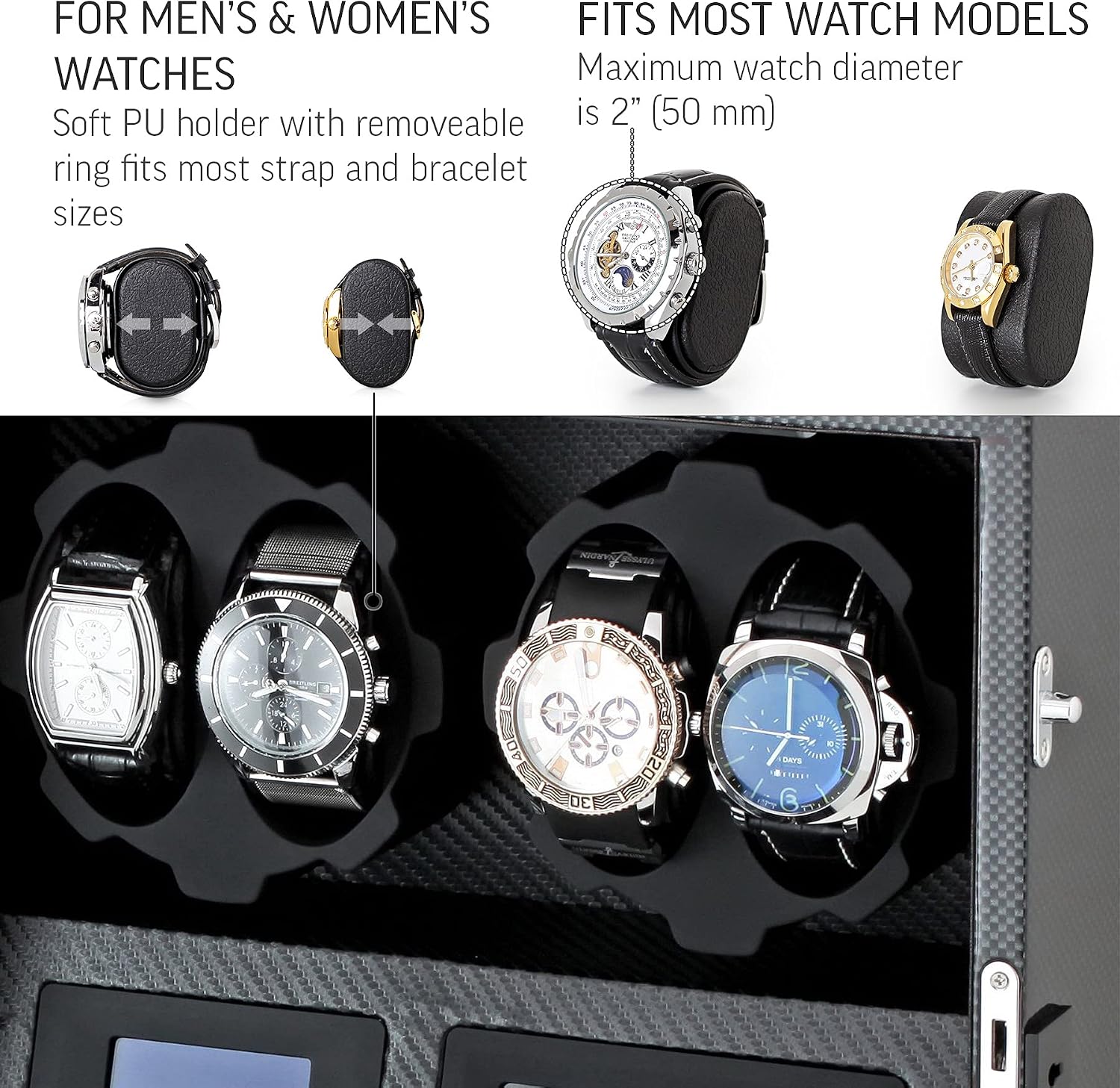 4 Watch Winder with 5 Watch Storage Space, LCD Display, Touch Control and Interior Light
