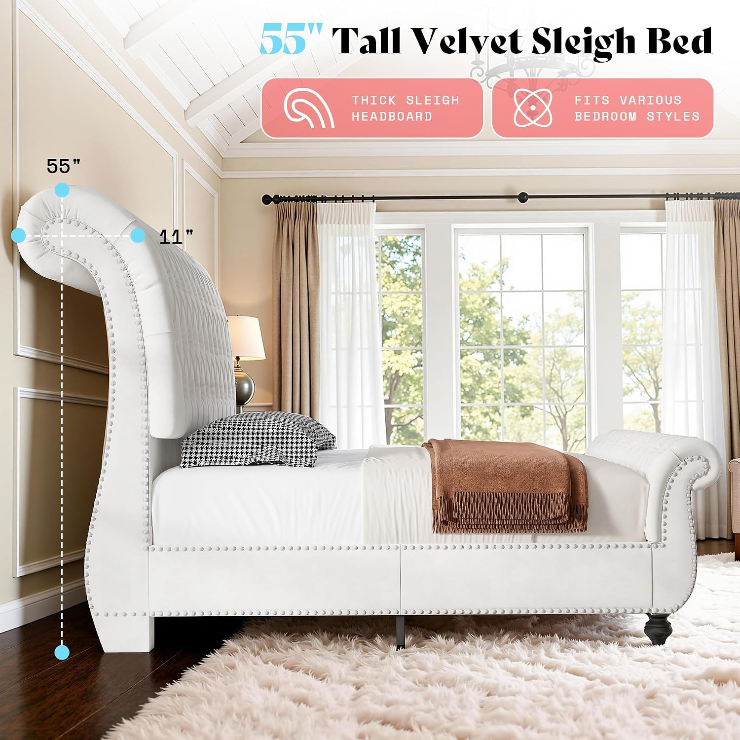 AMERLIFE 55' Tall Sleigh Bed Frame with Scroll Headboard & Footboard, Velvet Upholstered Platform Bed with Deep Button Tufted, Solid Wood Legs, No Box Spring Needed, White, King
