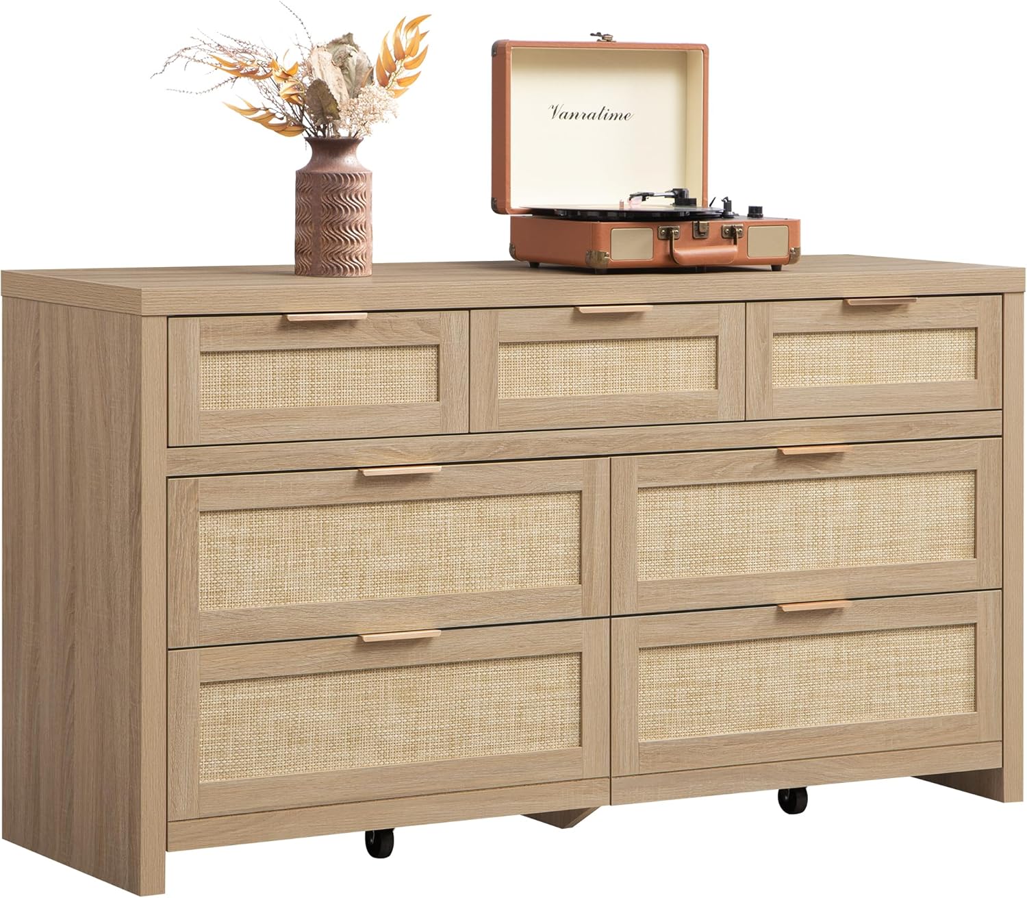 SICOTAS 7 Drawer Dresser for Bedroom, 57' Wide Rattan Dressers, Large Chest of Drawers for Bedroom, Dresser TV Stand, Boho Closet Organizer (Reclaimed Light Oak, 7 Drawers (1 pc))