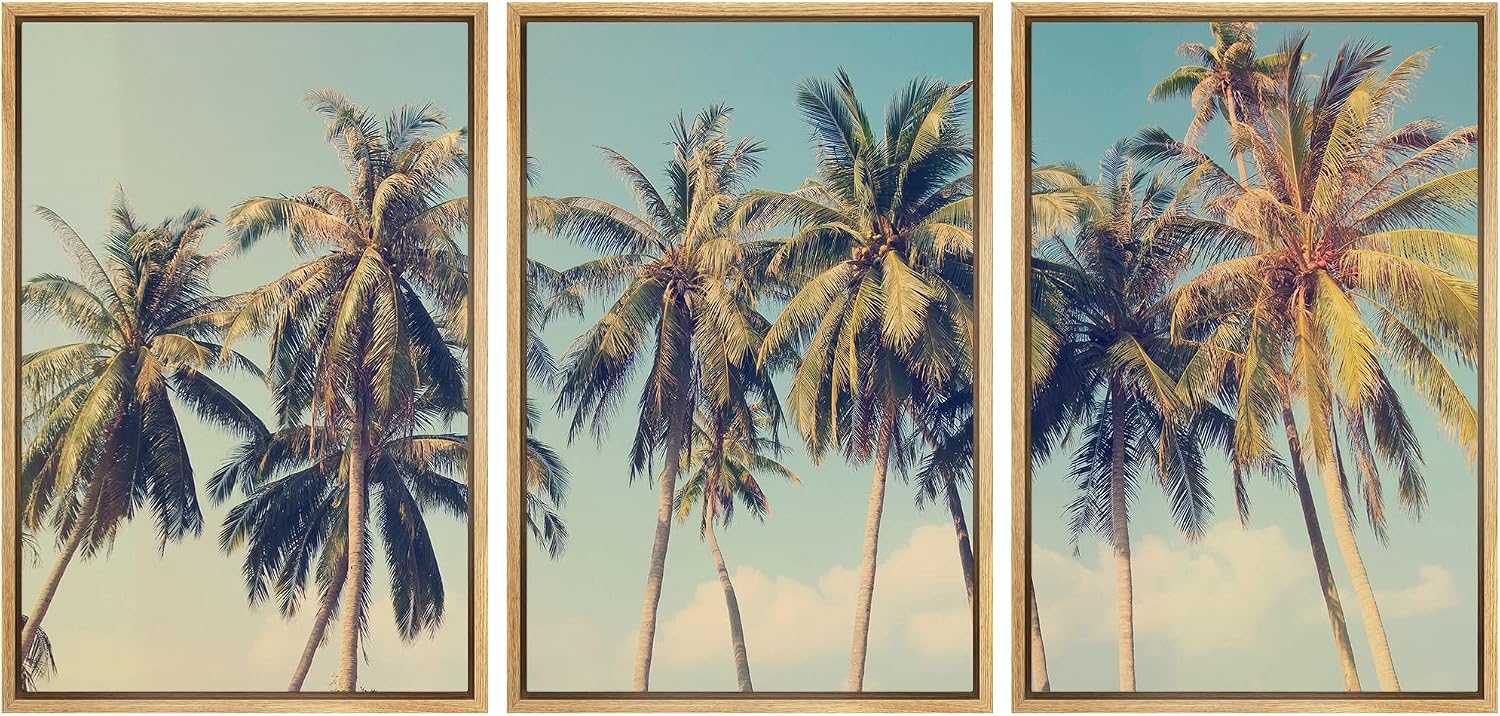 wall26 Framed Canvas Print Wall Art Set Row of California Palm Trees & Blue Sky Nature Wilderness Photography Realism Chic Scenic Relax/Calm for Living Room, Bedroom, Office - 16'x24'x3 Natural