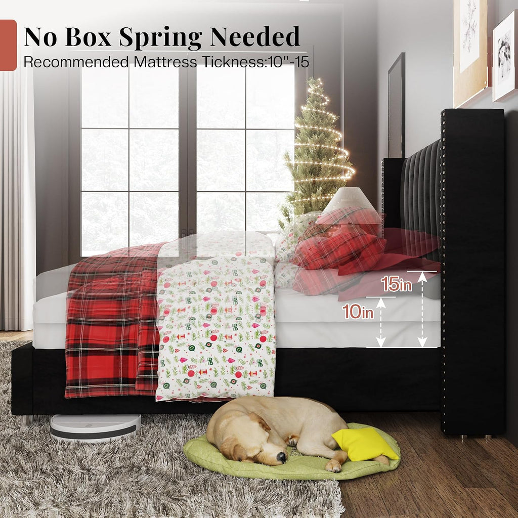 Jocisland Queen Bed Frame with 49.2' Tall Wingback Headboard,Velvet Upholstered Platform Bed for Couples,Guest Bedrooms & Apartments,No Box Spring Needed, Easy Assembly, Black