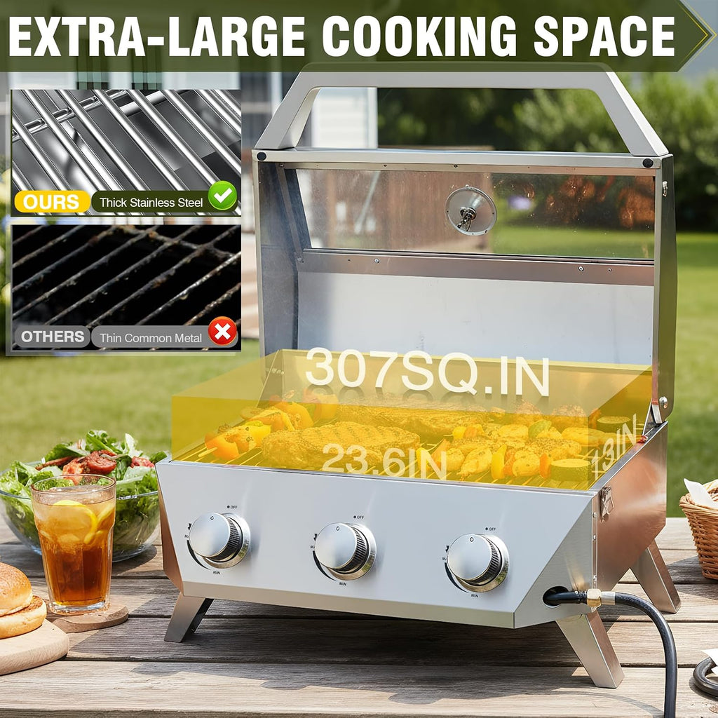 BESTFIRE 3-Burner Tabletop Gas Grill with Viewing Glass, 30,000 BTU Stainless Steel Portable Propane BBQ Grill with Thermometer, Professional Outdoor Cooking for Patio, Camping, RV and Tailgating