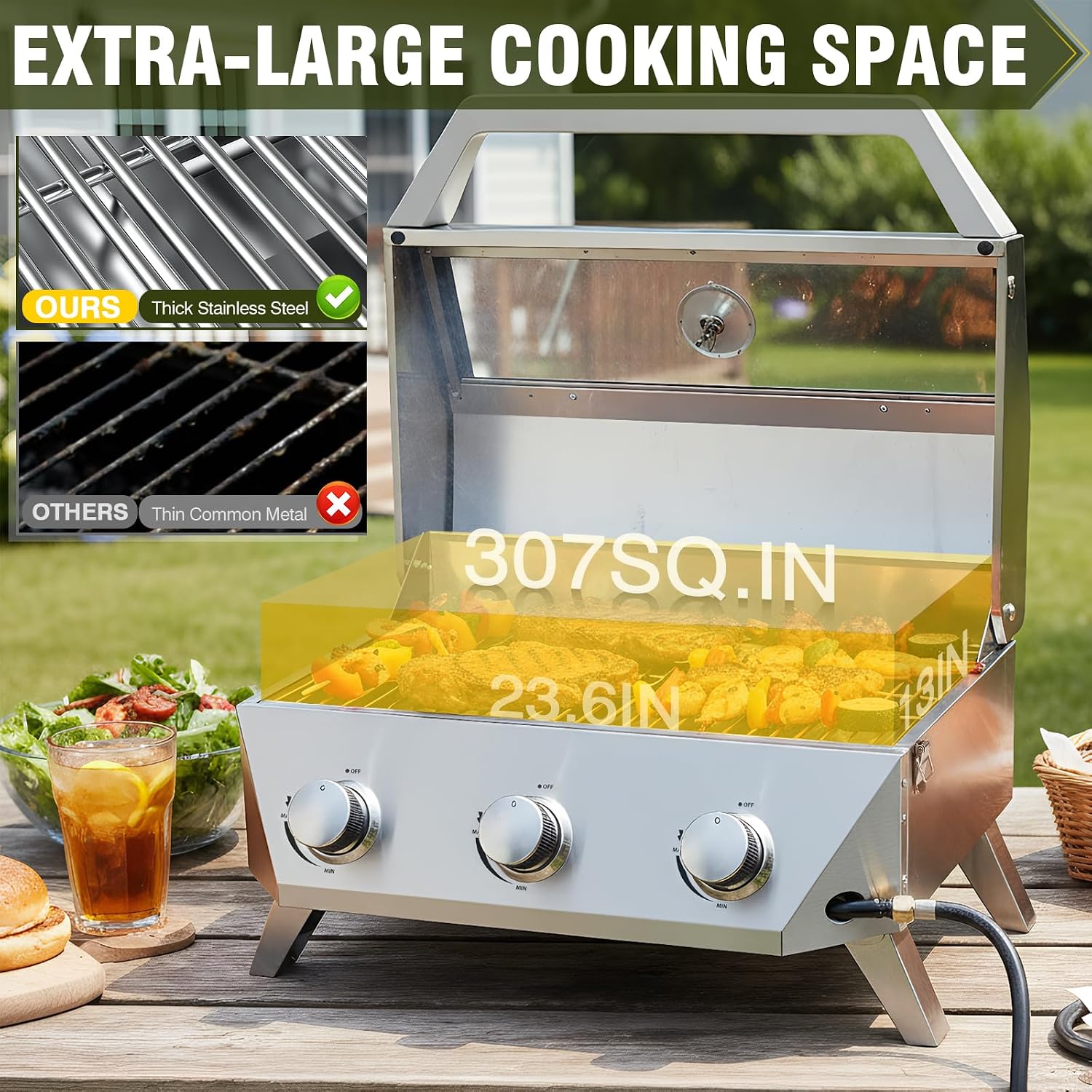BESTFIRE 3-Burner Tabletop Gas Grill with Viewing Glass, 30,000 BTU Stainless Steel Portable Propane BBQ Grill with Thermometer, Professional Outdoor Cooking for Patio, Camping, RV and Tailgating