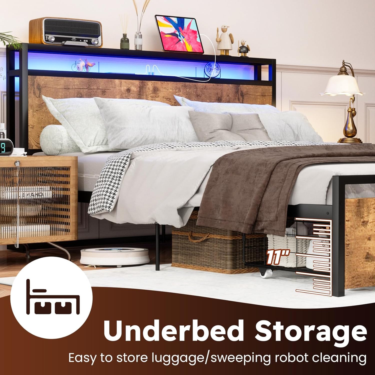 Kiivakii Queen Size Bed Frame, LED Storage Headboard with Charging Station, 2 Drawers Platform Bed Frames, Stable and Solid, No Box Spring Needed, Rustic Brown