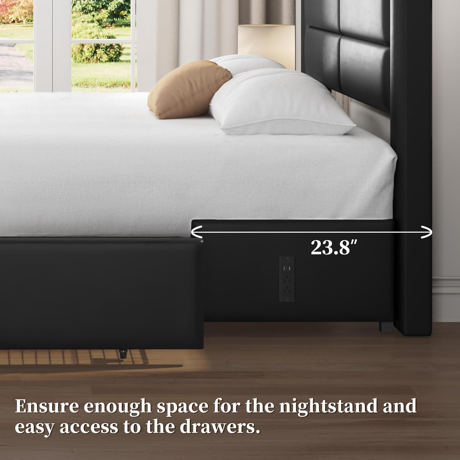 Yaheetech King Size Bed Frame with 2 USB Charging Station/Port for Type A&Type C/4 Storage Drawers, Leather Upholstered Platform Bed with Headboard/Solid Wood Slat Support/No Box Spring Needed/Black