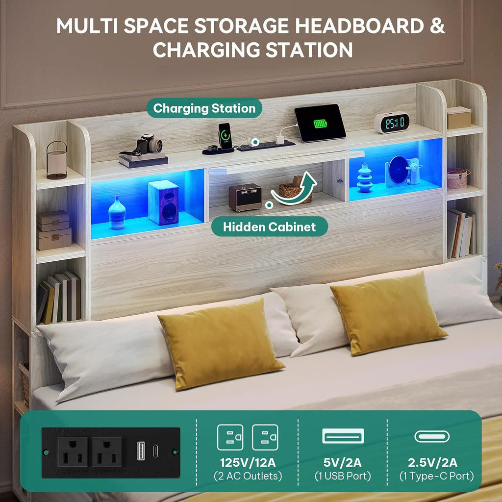 DWVO King Size Bed Frame with Bookcase Headboard and 4 Storage Drawers, RGB LED Bed Frame with Type-C & USB Charging Station Storage Headboard Bed, No Box Spring Needed, Noise Free, Antique White