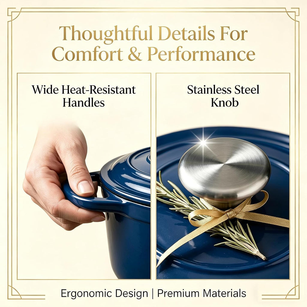 QuliMetal Enameled Cast Iron Cookware Set, 4-Piece Pots and Pans Set with Lids, 10.25' Skillet, 2QT Saucepan, 2.8QT & 4.8QT Dutch Ovens, Oven Safe to 500°F, All Stovetops Compatible - Navy Blue