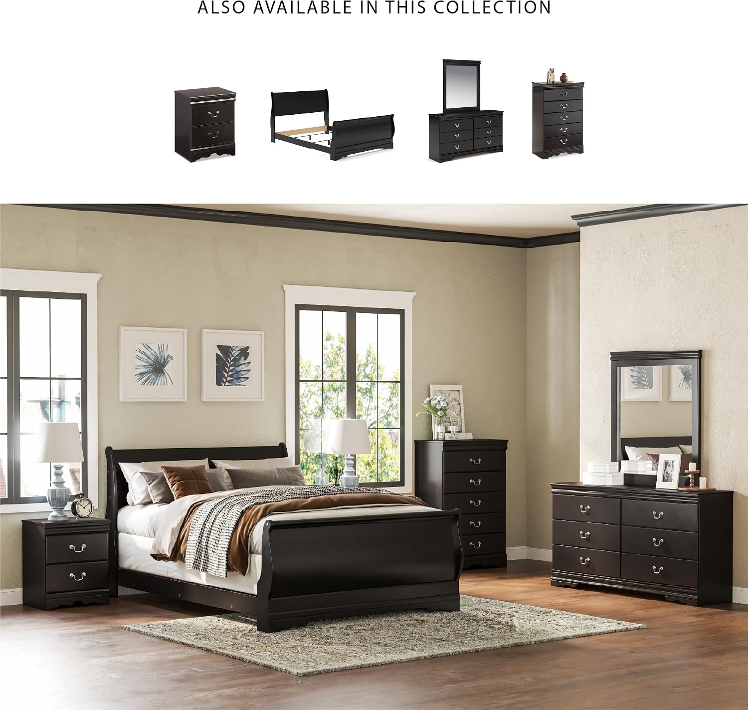 Signature Design by Ashley Huey Vineyard Traditional 2 Drawer Nightstand, Louis Phillippe Styling, Pewter Colored Handles, Shapely Mouldings, Smooth Operating Drawers, 24.45' Tall, Black