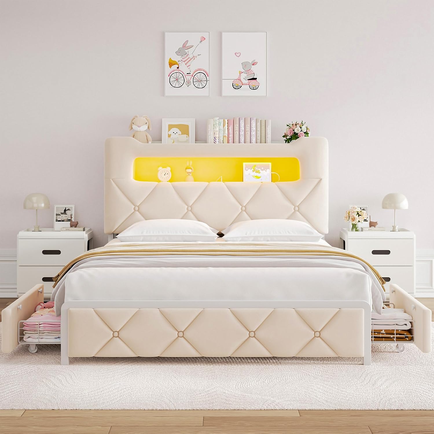 Queen Upholstered LED Bed Frame with 2 Storage Drawers and 2-Tier Storage Headboard,Velvet Princess Platform Bed with Charging Station & Bookcase, Corner Bed Frame, Heavy Duty Metal Support, Beige