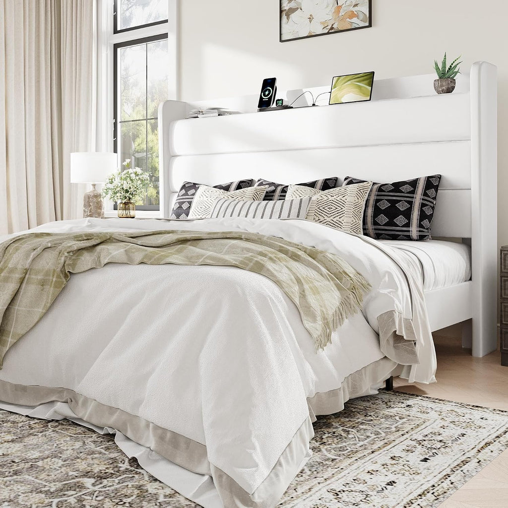 Allewie King Size Upholstered Bed Frame with Charging Station & Storage Headboard, Soft Velvet Wingback Platform Bed, Strong Wooden Slats Support, No Box Spring Needed, Easy Assembly, White