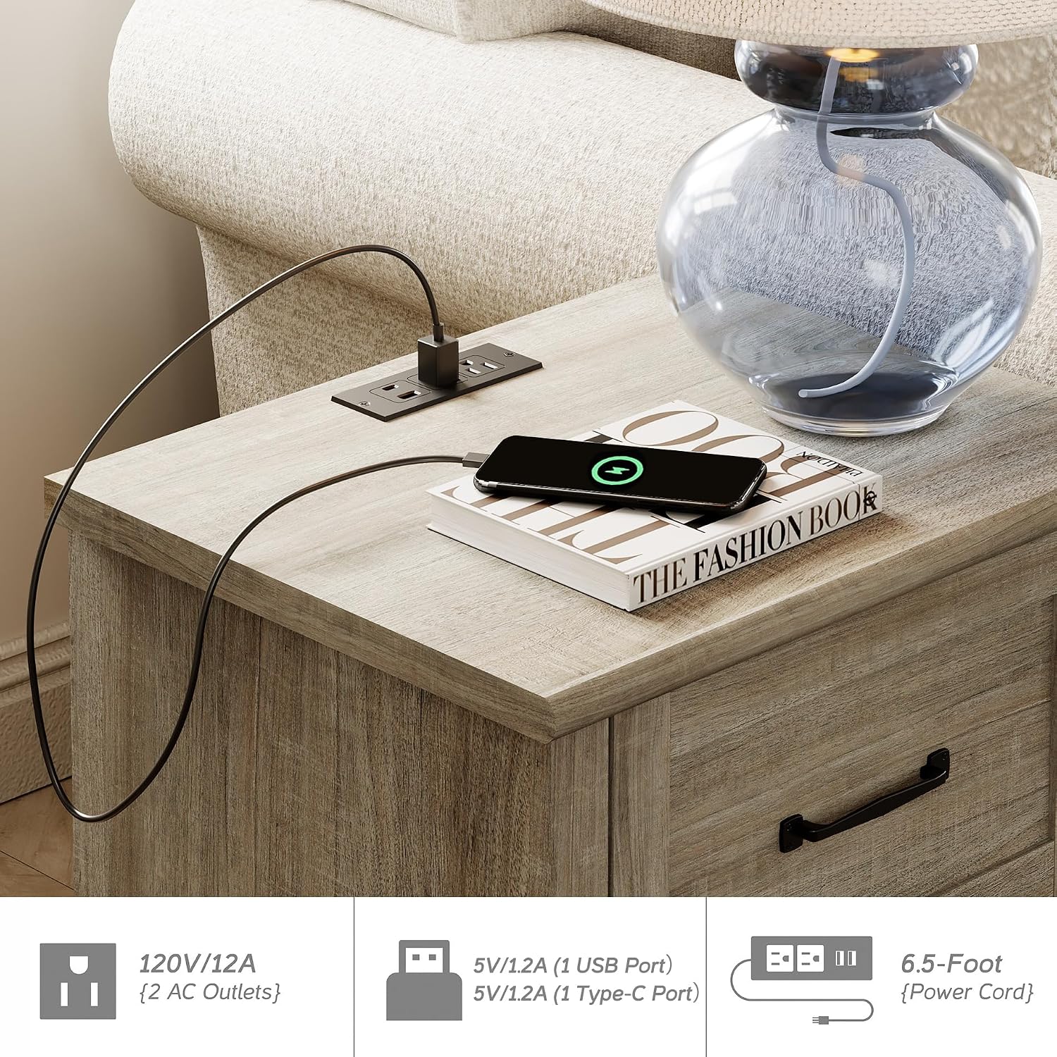 WAMPAT Nightstands with Charging Station Set of 2, 20 Inch Bedside Table with 2 Drawers, Farmhouse Night Stand Wood End Tables with Solid Wood Legs for Bedroom, Grey