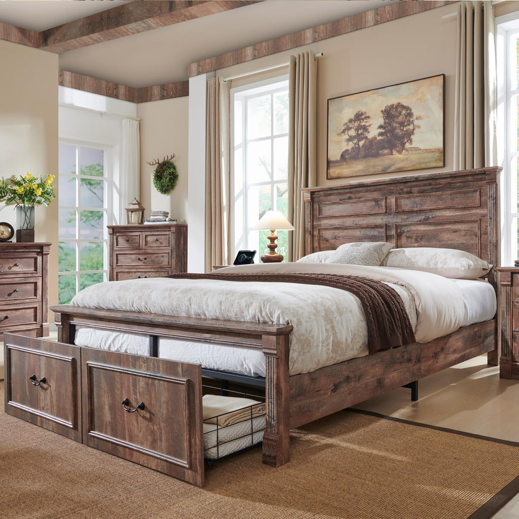 Aitjunz Farmhouse Queen Size Bed Frame with 51' Tall Headboard, Wood Platform Bed Frame with 20' Tall Roman Column Decoration Footboard & 2 Large Storage Drawers, No Box Spring Needed (Light Brown)