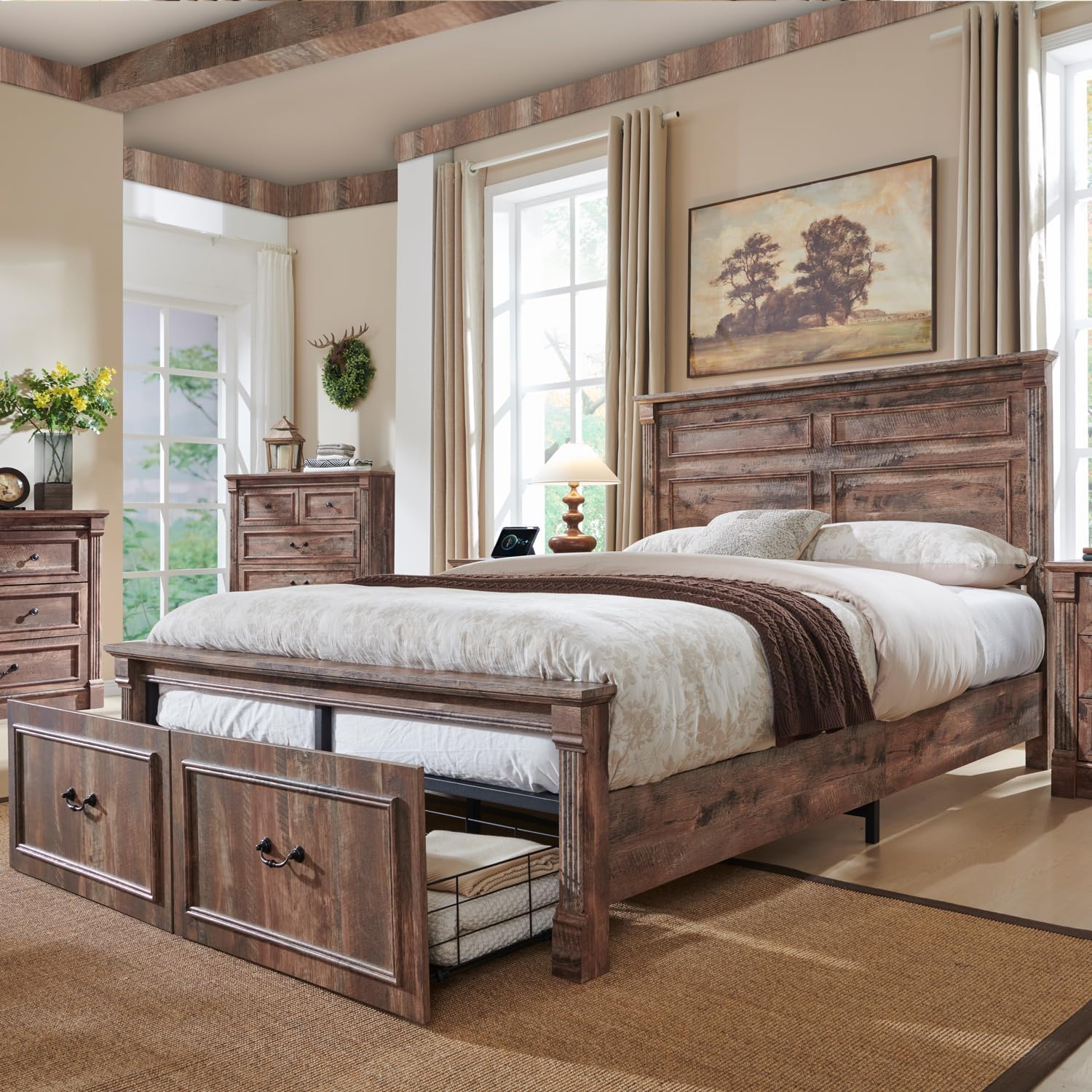 Aitjunz Farmhouse Queen Size Bed Frame with 51' Tall Headboard, Wood Platform Bed Frame with 20' Tall Roman Column Decoration Footboard & 2 Large Storage Drawers, No Box Spring Needed (Light Brown)