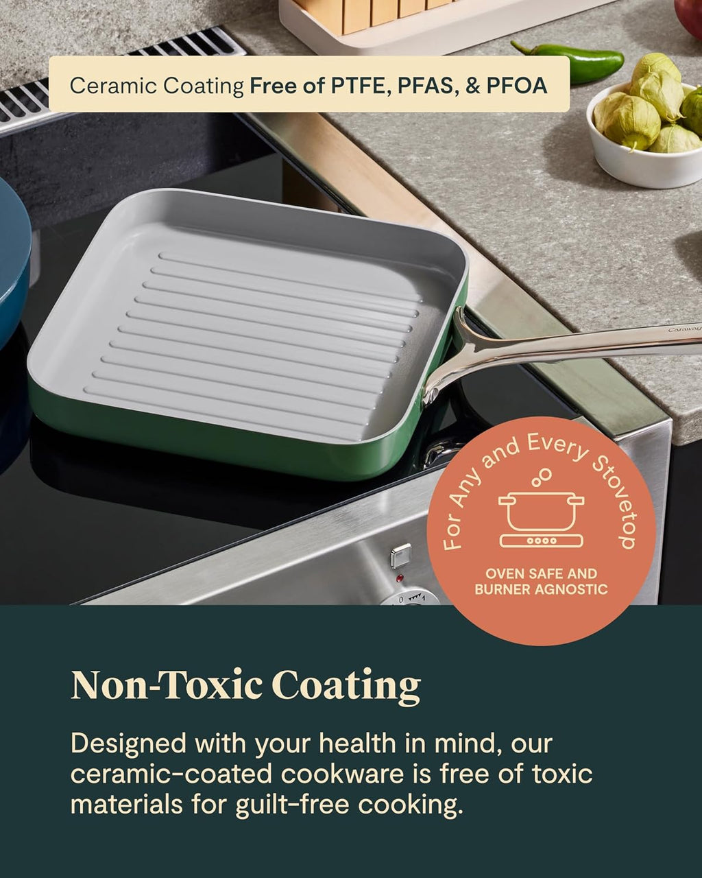 Caraway Square Grill Pan - 11' Grill Pan - Non-Stick Ceramic Coated - Non Toxic, PTFE & PFOA Free - Oven Safe & Compatible with All Stovetops - Cream