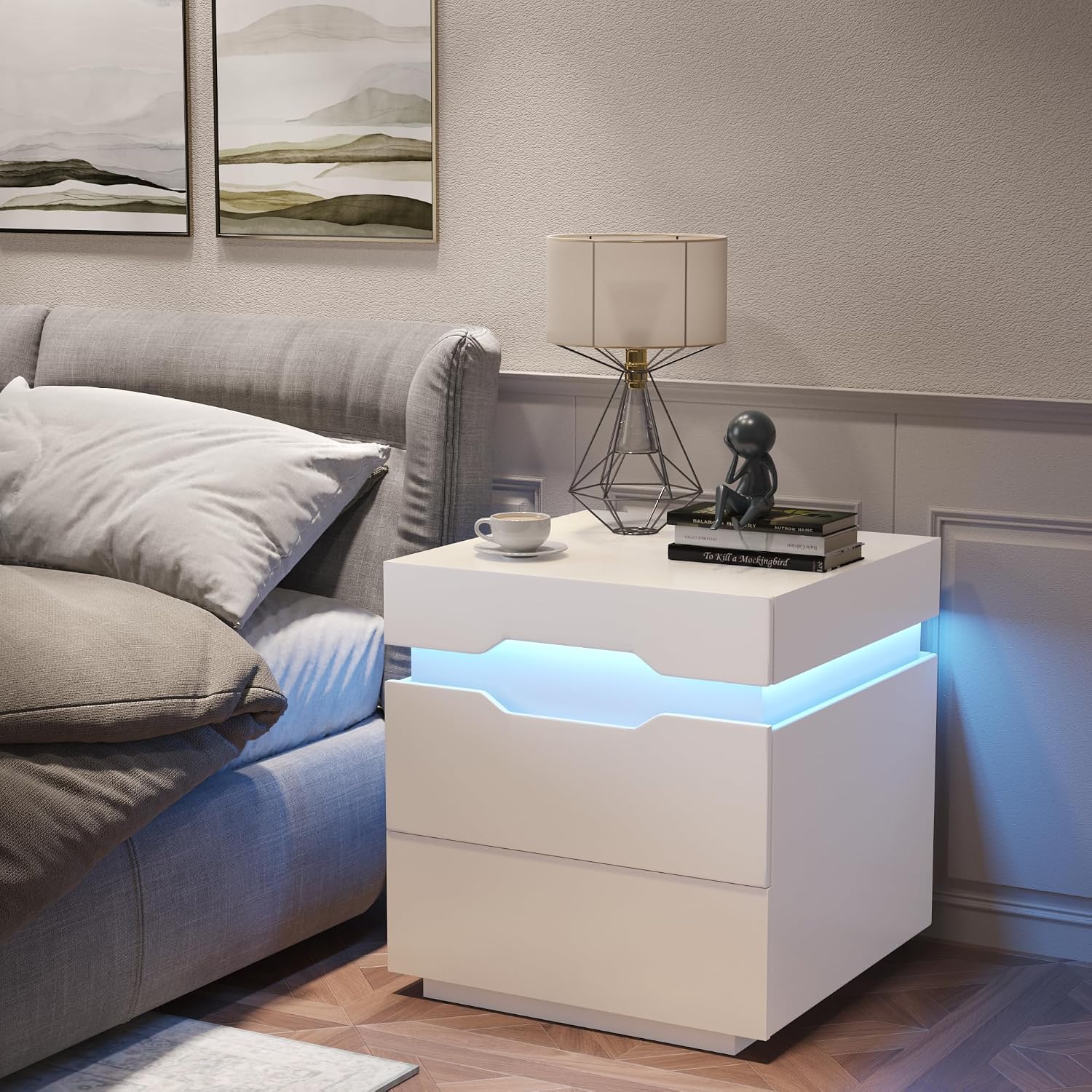 YESHOMY Nightstand with LED Light and Charging Station, Endtable with 2 Drawers, Bedside Table with Large Capacity, for Bedroom, Set of 2, 21.2' Height, White