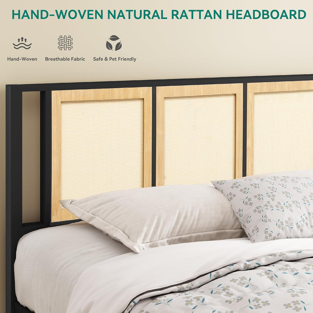 YITAHOME Natural Rattan King Bed Frame with Wooden Headboard and 2 Storage Drawers Underneath, Boho Cane Bed Platform Bed with Metal Slat, Noise Free, No Box Spring Needed,Wood