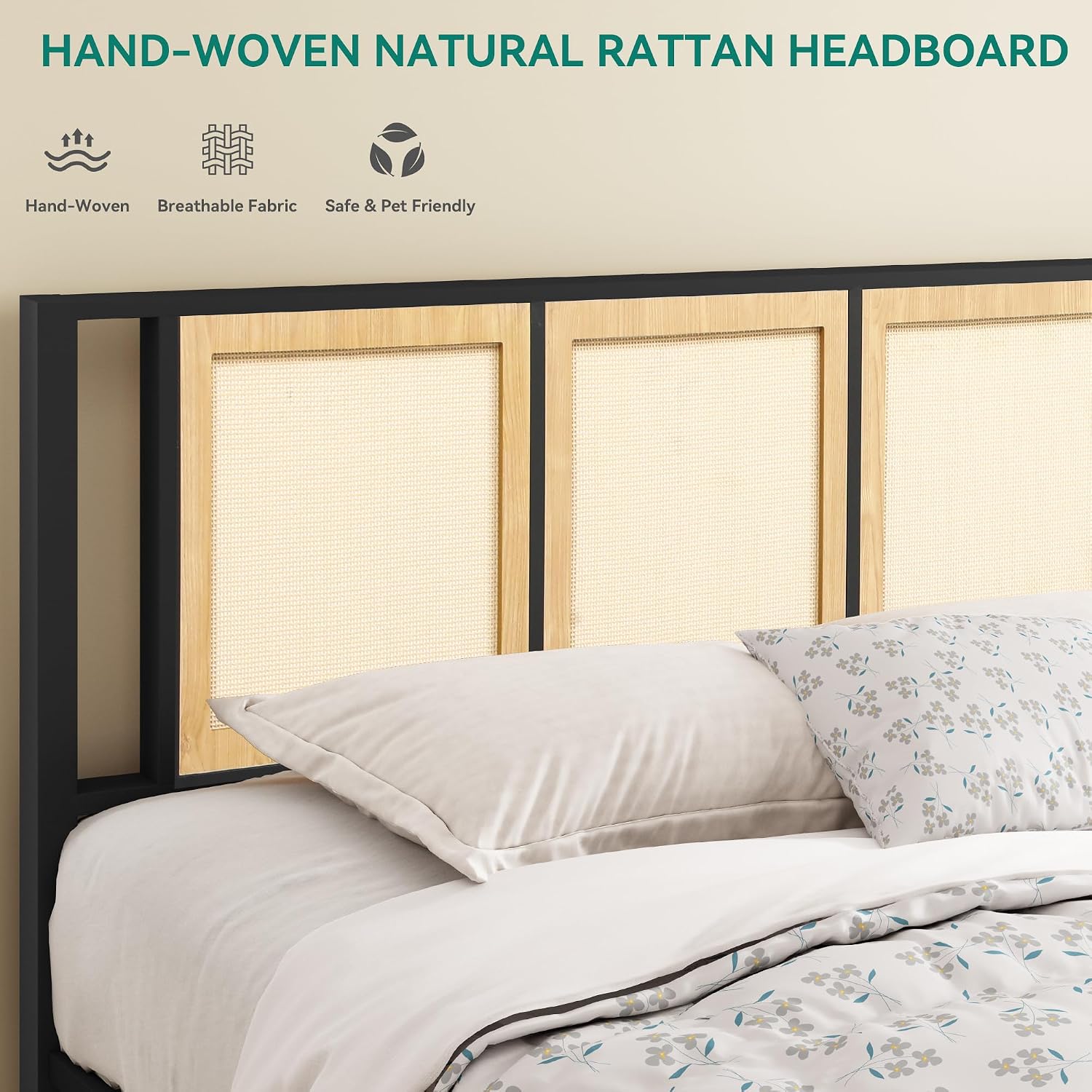 YITAHOME Natural Rattan King Bed Frame with Wooden Headboard and 2 Storage Drawers Underneath, Boho Cane Bed Platform Bed with Metal Slat, Noise Free, No Box Spring Needed,Wood