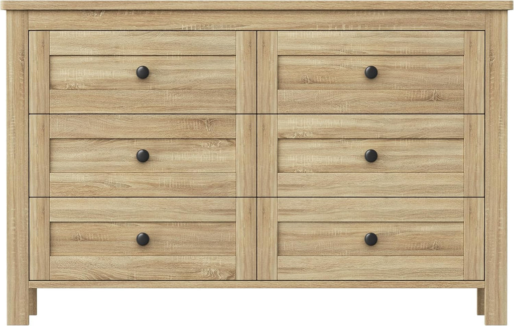 SOFTSEA 3 Pieces Farmhouse Bedroom Set, Full Size Platform Bed with a Nightstand and 6-Drawer Dresser, Wood Platform Bed with Sliding Barn Door Headboard and Charging Station, Natural