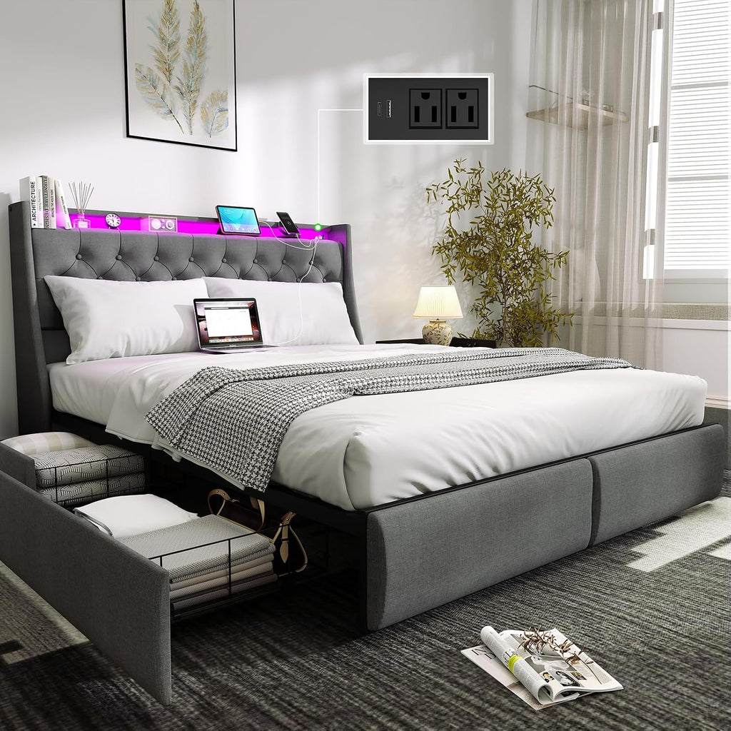 Doltoro Full Bed Frame with Storage Headboard and 4 Drawers, Upholstered Platform Bed Frame with Charging Station & LED Lights, Noise-Free, No Box Spring Needed, Easy Assembly, Gray