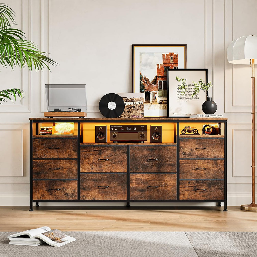 63.3 in Dresser for Bedroom, 10 Drawer Dresser TV Stand for 65 70 75 in TV, Fabric Chest of Drawers with LED Lights & Power Outlets, Long Entertainment Center for Closet, Living Room, Entryway