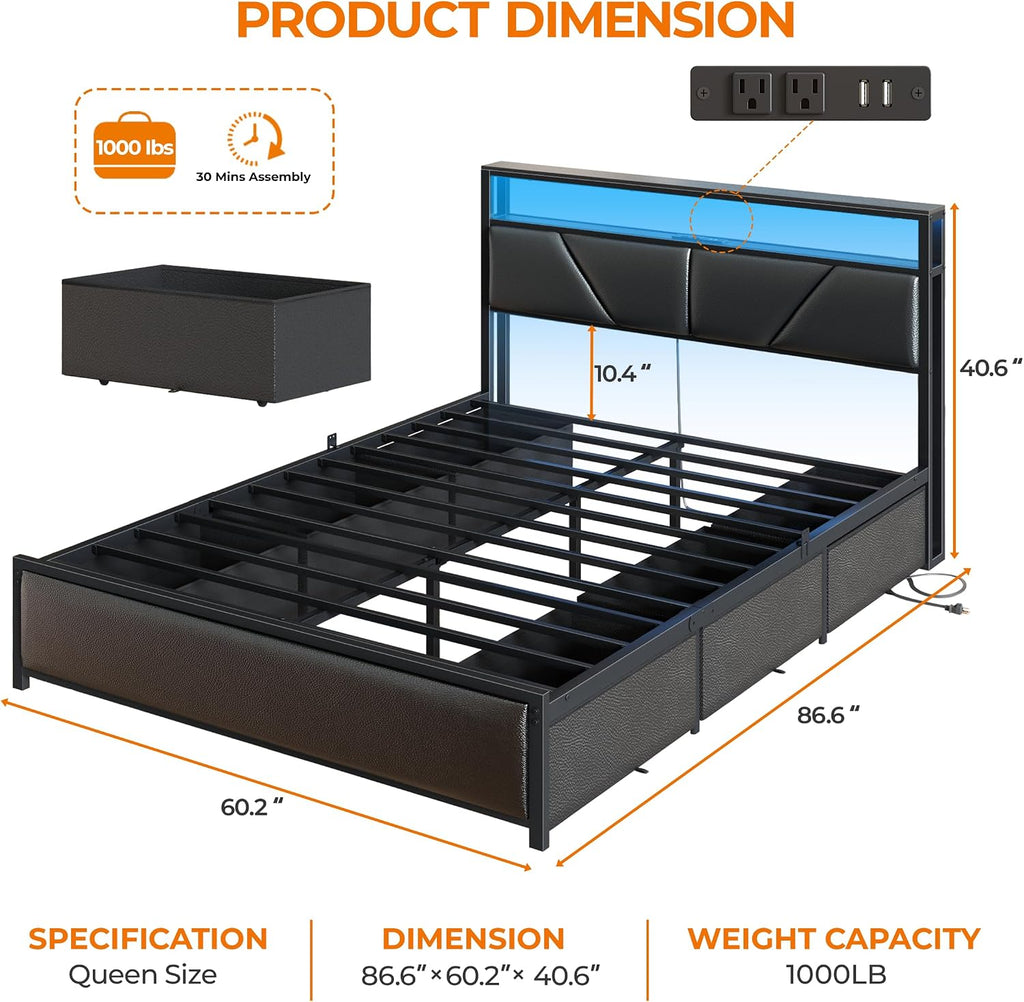 OURPIC Queen Bed Frame, 2-Tier Storage Headboard & 6 Fabric Drawers, PU Leather Upholstered Queen Size Platform Bed with Charging Station and LED Lights, No Box Spring Needed, Noise Free