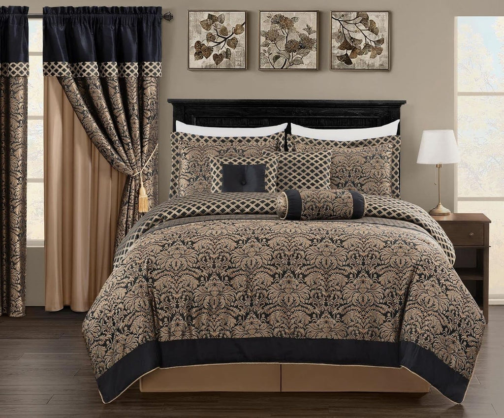 Chezmoi Collection 7-Piece Black/Gold Diamond Floral Medallion Jacquard Woven Comforter Set, California King