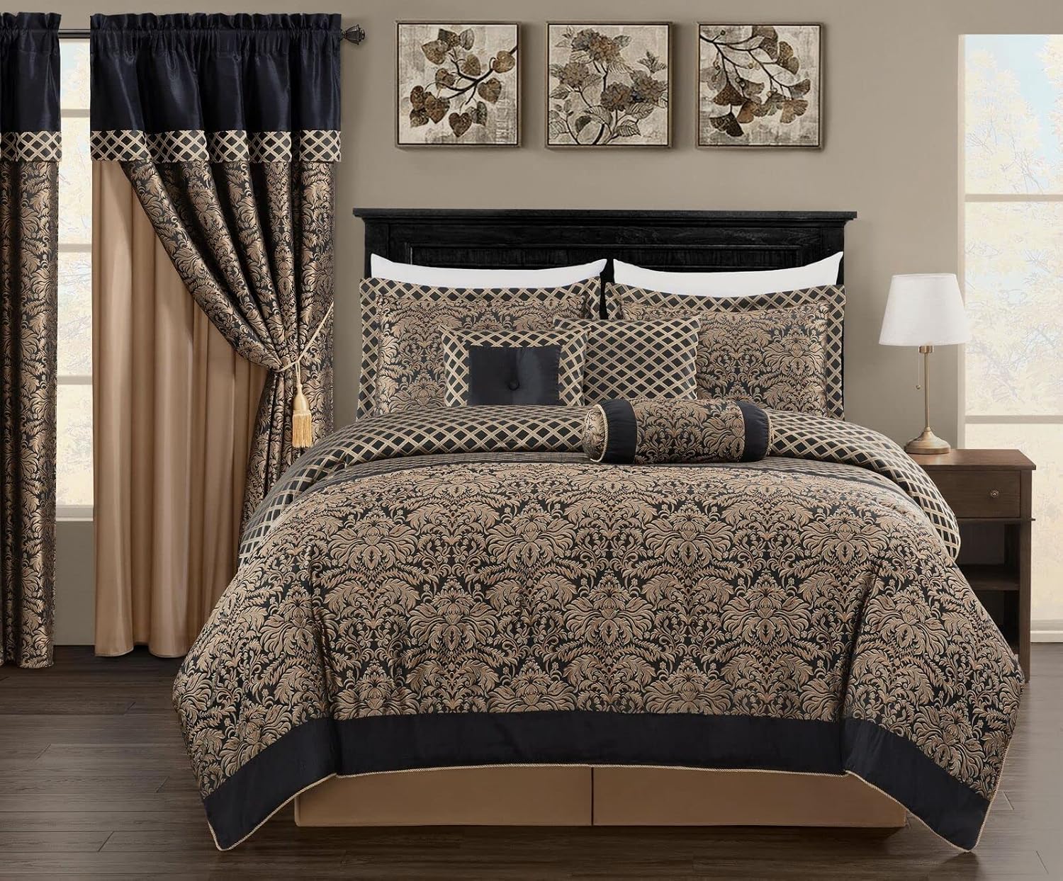 Chezmoi Collection 7-Piece Black/Gold Diamond Floral Medallion Jacquard Woven Comforter Set, California King