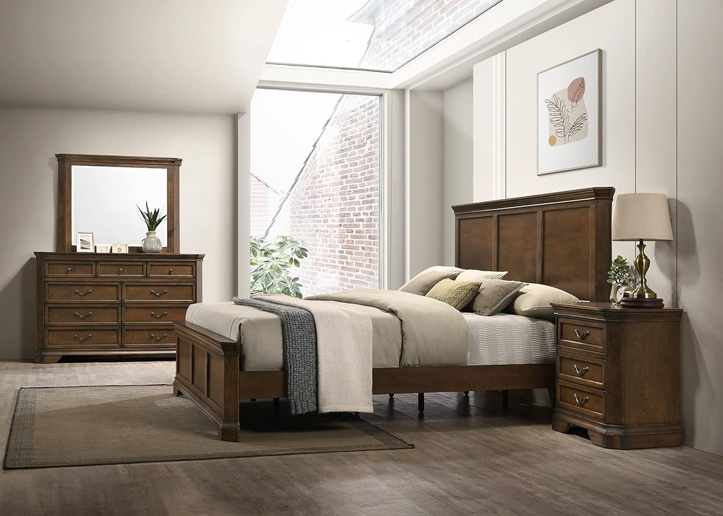 Roundhill Furniture Maderne Traditional Wood Panel Bed with Dresser, Mirror, Two Nightstands, Chest, Queen, Antique Walnut Finish